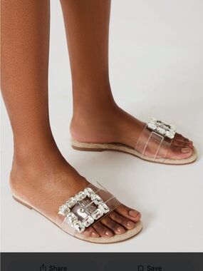 Steve Madden Clear Slide Sandals with Crystal Buckle - Clear/Beige
